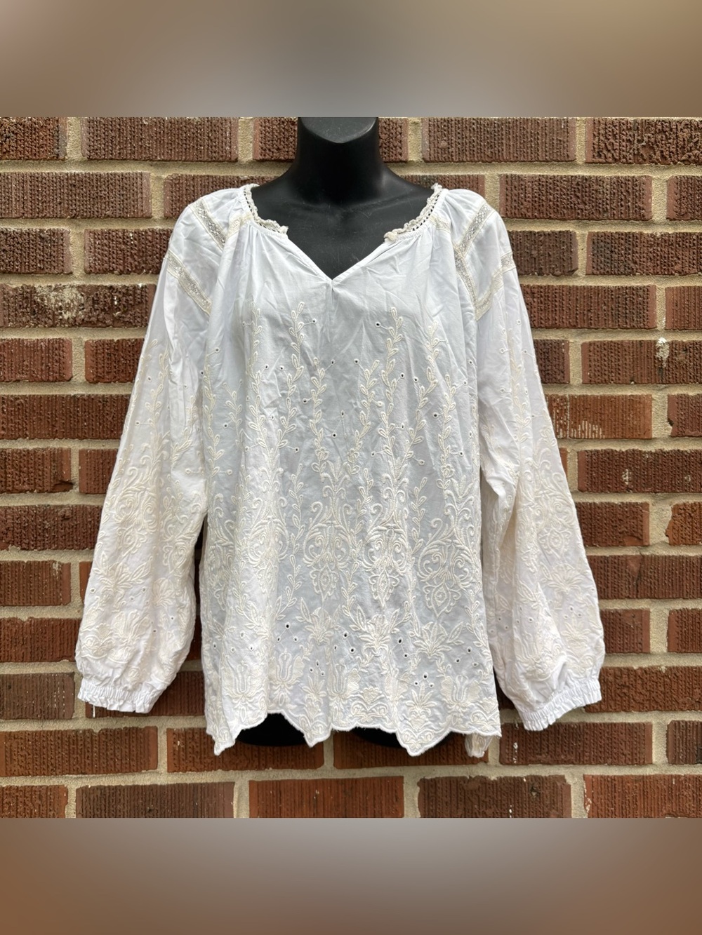 Cactus & Pearl Sz XL Embroidered White Cotton Peasant Boho Romantic Tunic top - Picture 2 of 11